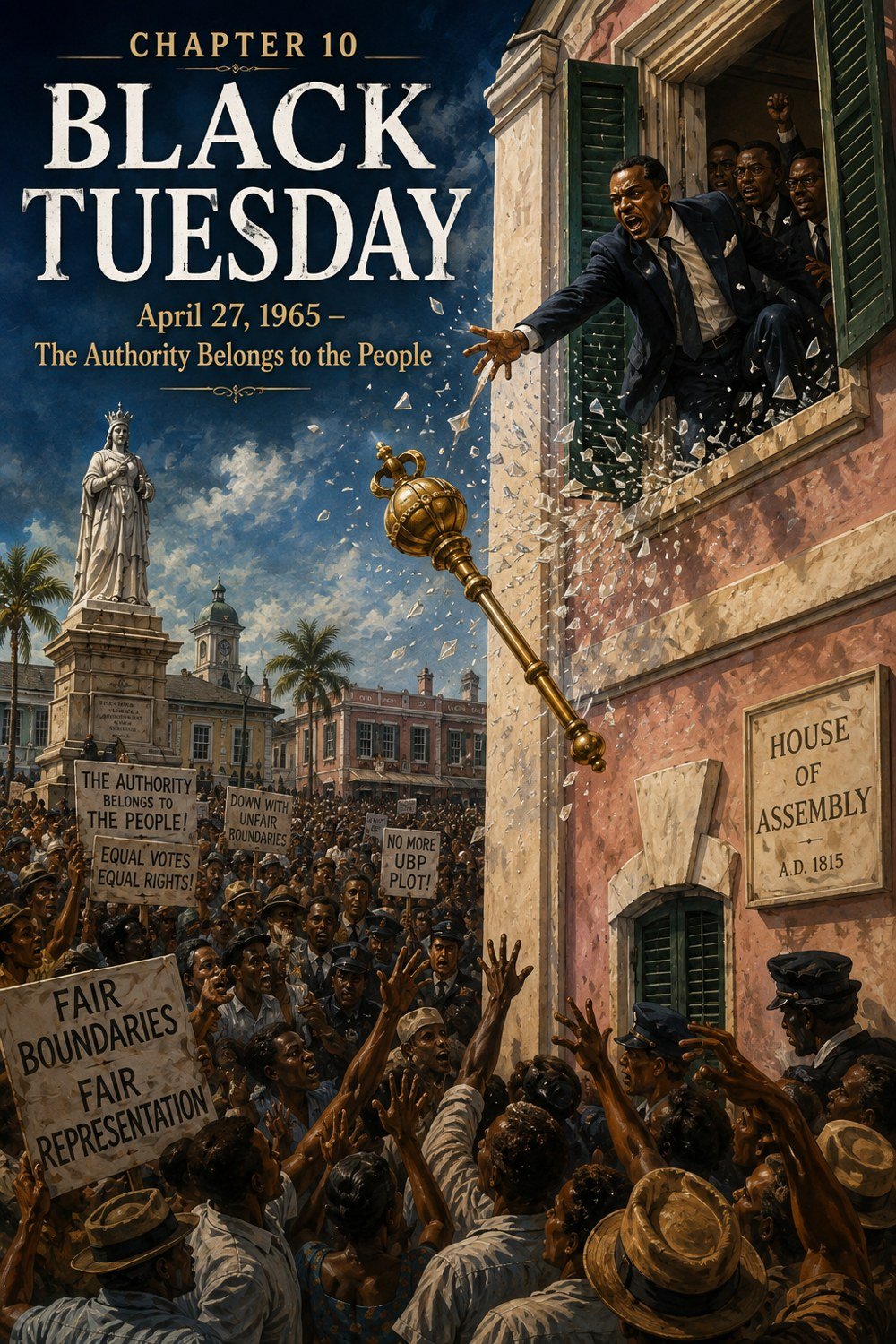 Black Tuesday chapter illustration: the mace is thrown from the House of Assembly window above a crowd